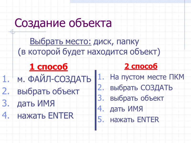 Создание объекта 1 способ м. ФАЙЛ-СОЗДАТЬ выбрать объект дать ИМЯ Создание объекта 1 способ м. ФАЙЛ-СОЗДАТЬ выбрать объект дать ИМЯ